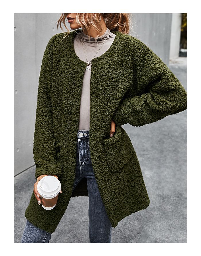 Winter Women New Thick Plush Warm Cardigan Medium Long Coat with Pockets