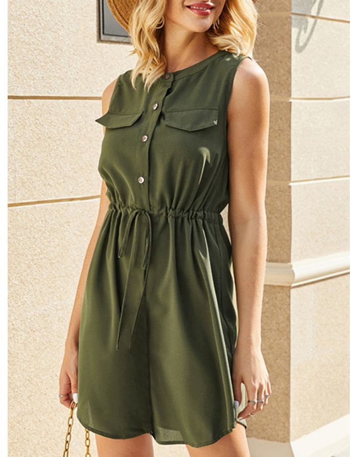 Spring Summer Sleeveless Round Neck Single Breasted Drawstring Short Casual Dress